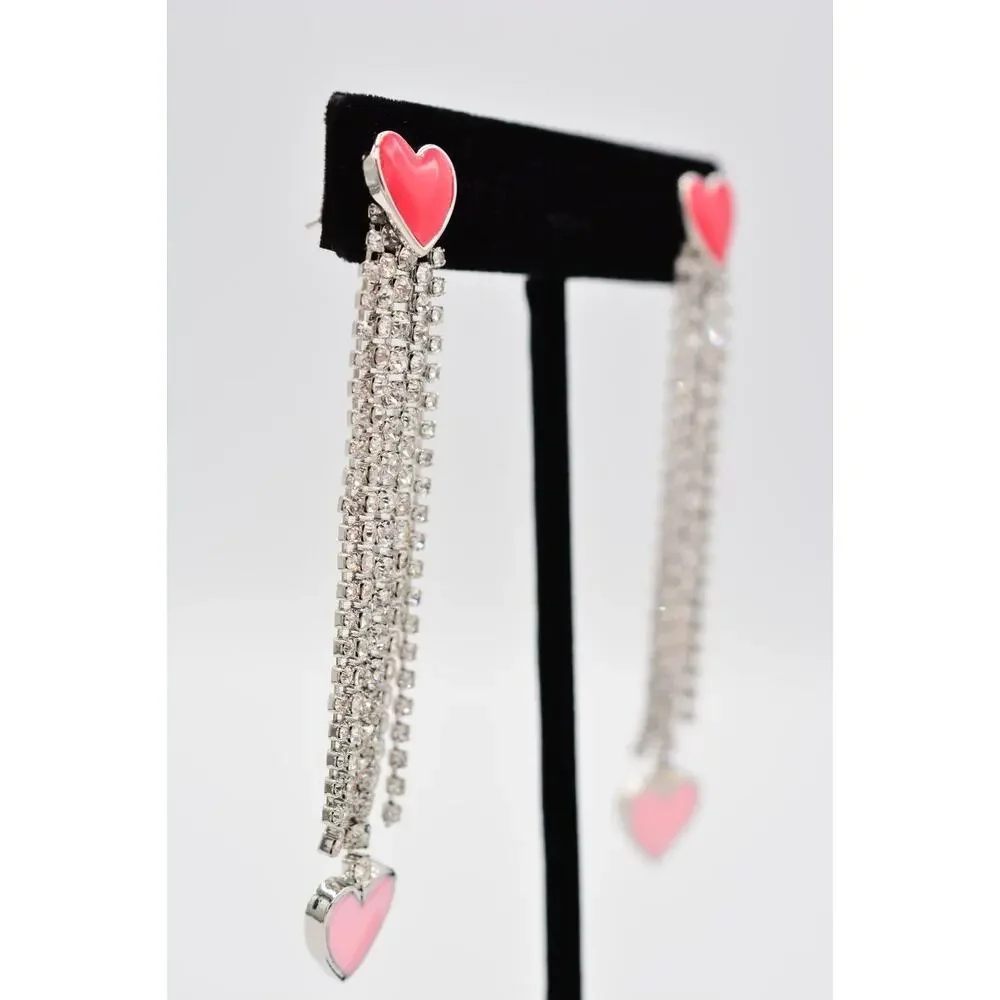 Guess Heart Earrings Rhinestone Crystal Fringe Red Pink Valentine Signed BinAA